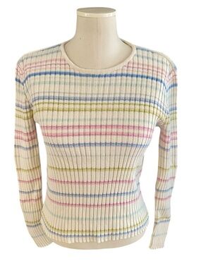Y2K VINTAGE LIZ SPORT RIBBED STRIPED PASTELS COTTON SWEATER SIZE SMALL SPRING 💕